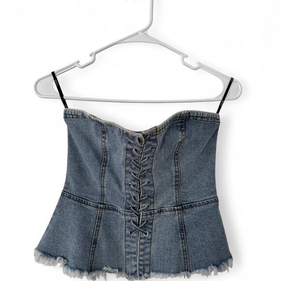 Forever 21 90s burnout grunge slinky flared lace-up corset denim top size S - Picture 1 of 3
